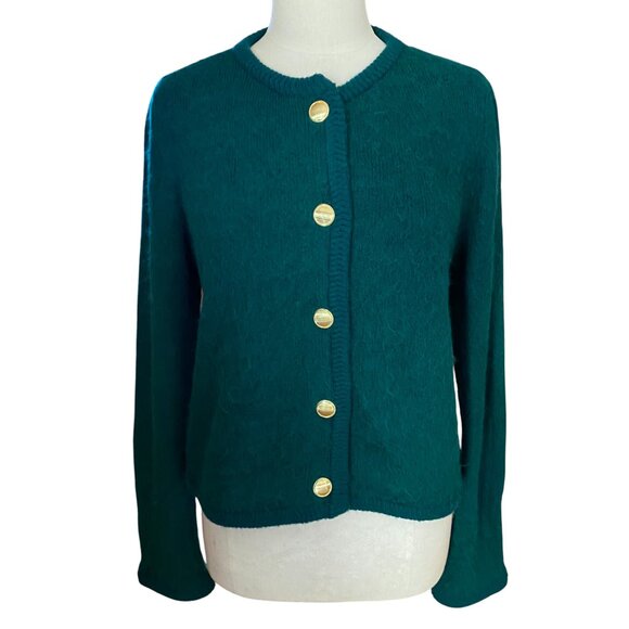 Ann Taylor Fuzzy Knit Cardigan Sweater Sz L Emerald Green Gold Button Holiday - Picture 1 of 8